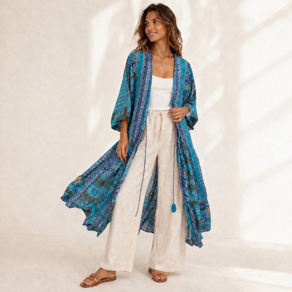 Swarna Greece Silk Blend Boho Kimono Duster Women OS Blue Tie Front Maxi Robe